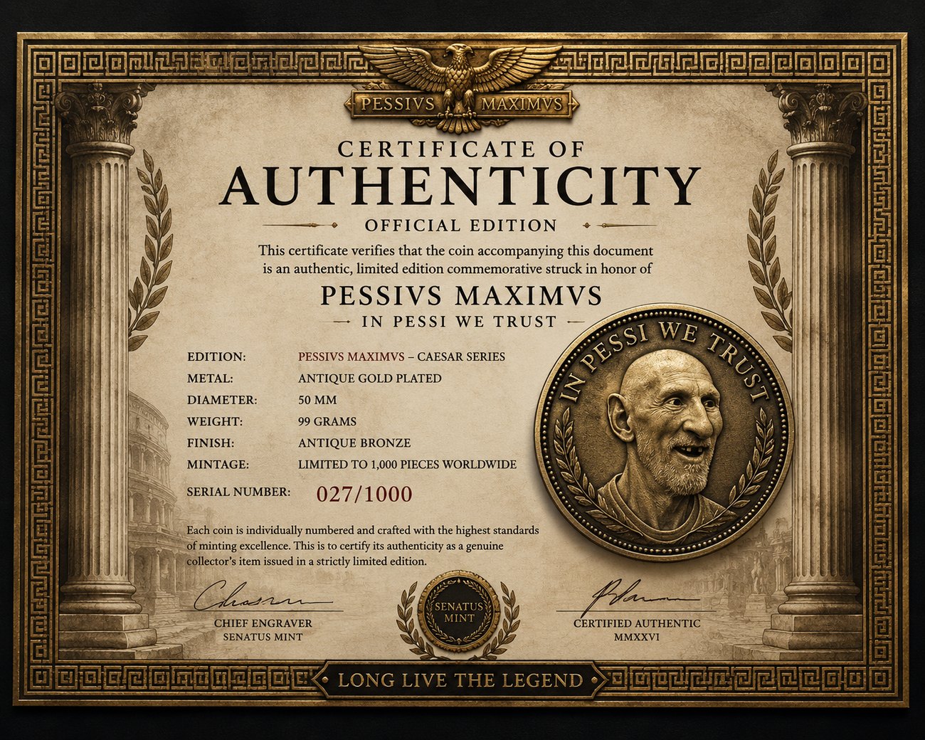 PESSIVS MAXIMVS Certificate of Authenticity